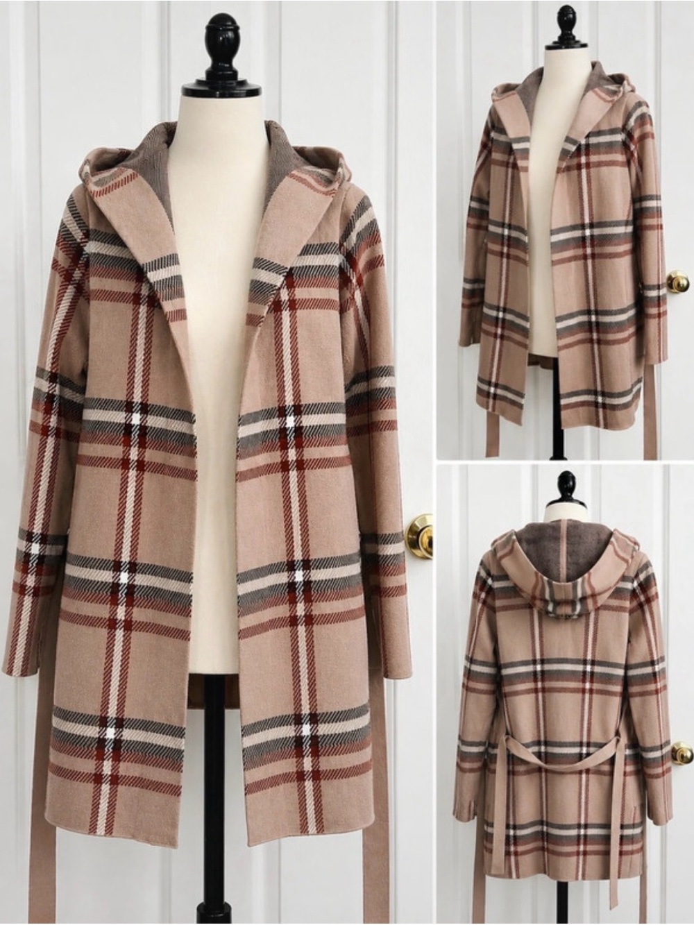 Tahari Beige Plaid Hooded Cardigan/Coat with Belt
